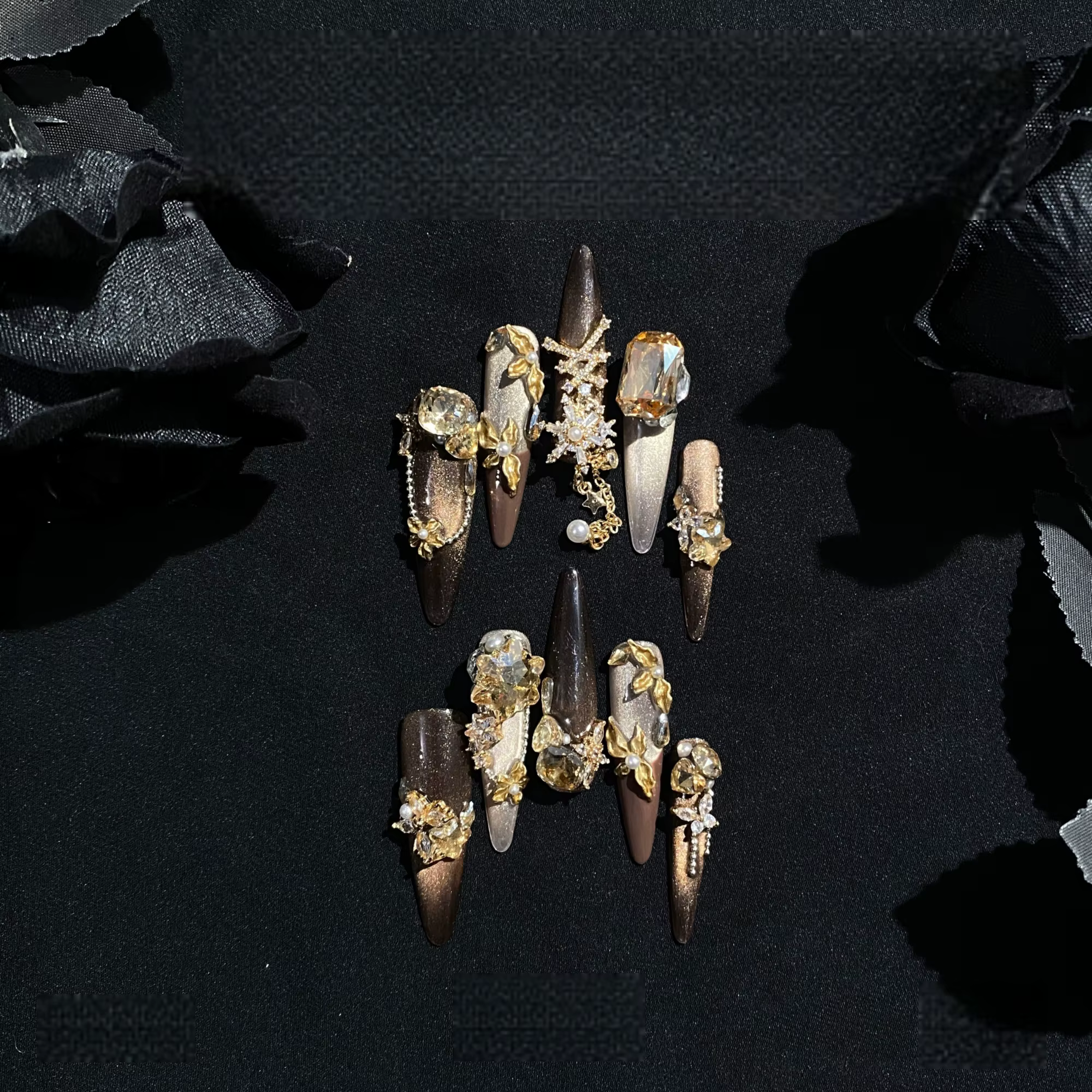 Faux ongles à chaîne sculptée œil de chat jaune café, faits à la main, dégradé de paillettes fines, 