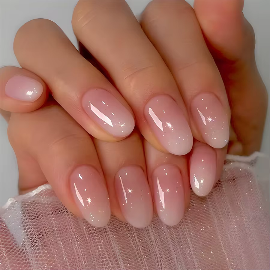 24 pièces ovale court rose presse sur ongles Simple Ombre printemps faux ongles pour doux impertinen