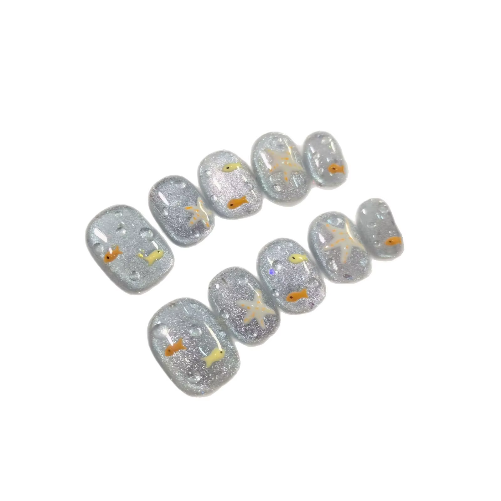 10 pièces/ensemble ongles à pression faits à la main-bleu brillant poisson et bulles conception faux