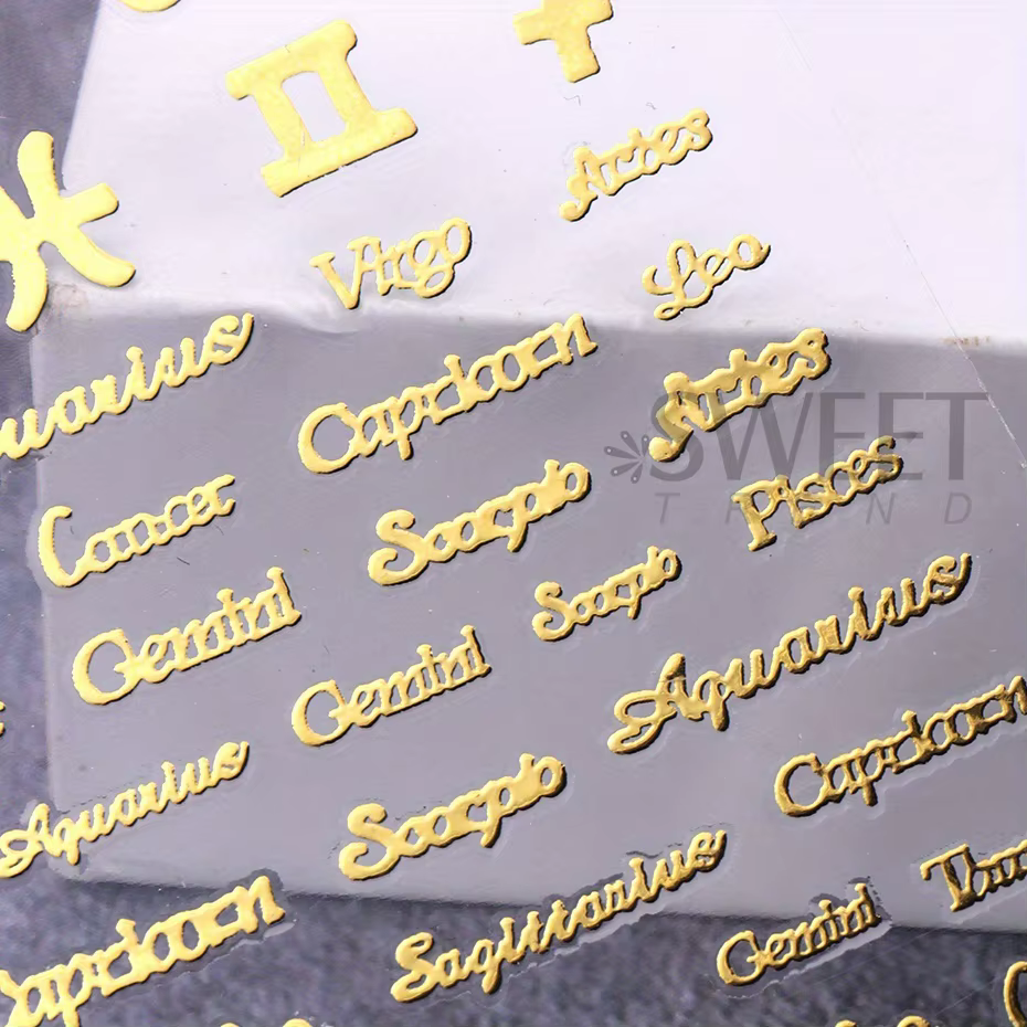 Autocollants de manucure pour ongles, douze Constellations, Alphabet anglais, mots adhésifs, or, arg
