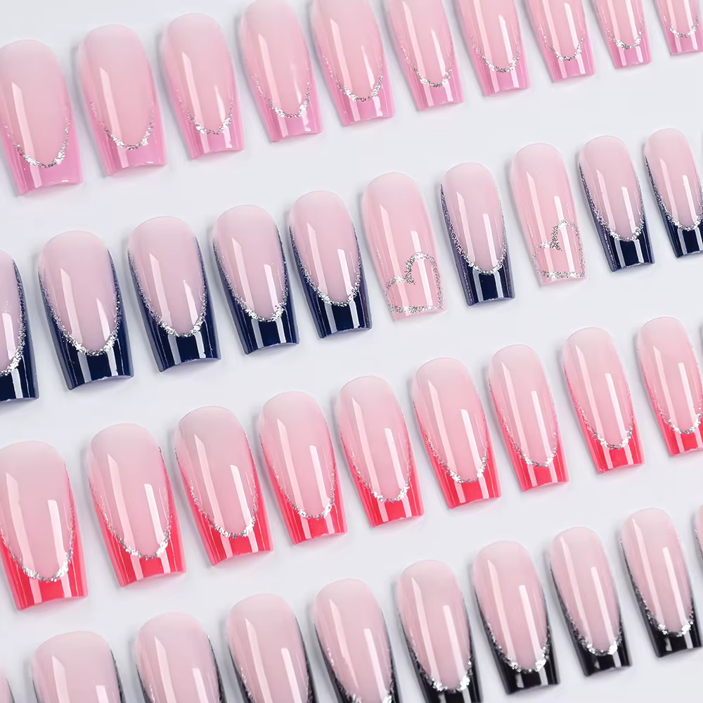 96 pièces/boîte français avec paillettes argentées faux ongles bleu/rouge couverture complète longue