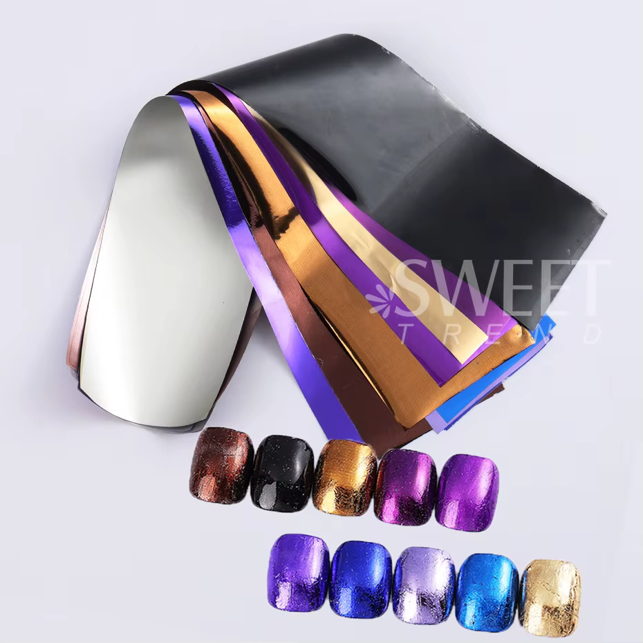 Feuilles de transfert d'ongles métalliques, 10 pièces, miroir or argent violet étoilé papier Gel ver