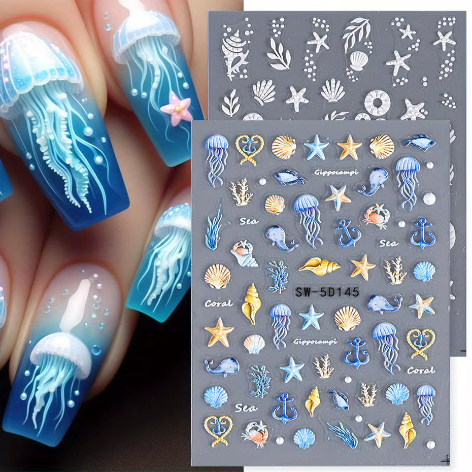 Autocollants pour ongles 5D méduse, plage d'été, coquille blanche, étoile de mer, vis adhésive, curs