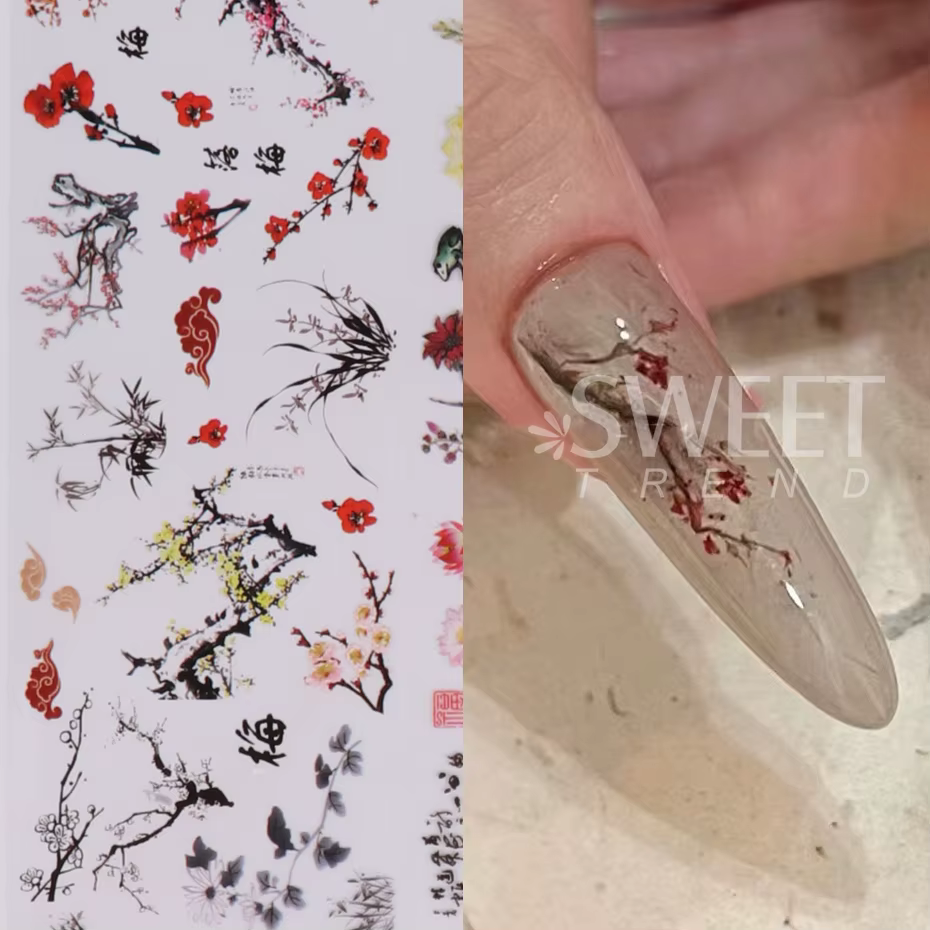 10 pièces feuilles à ongles caractère chinois grue bambou poisson fleur prune autocollant curseur tr