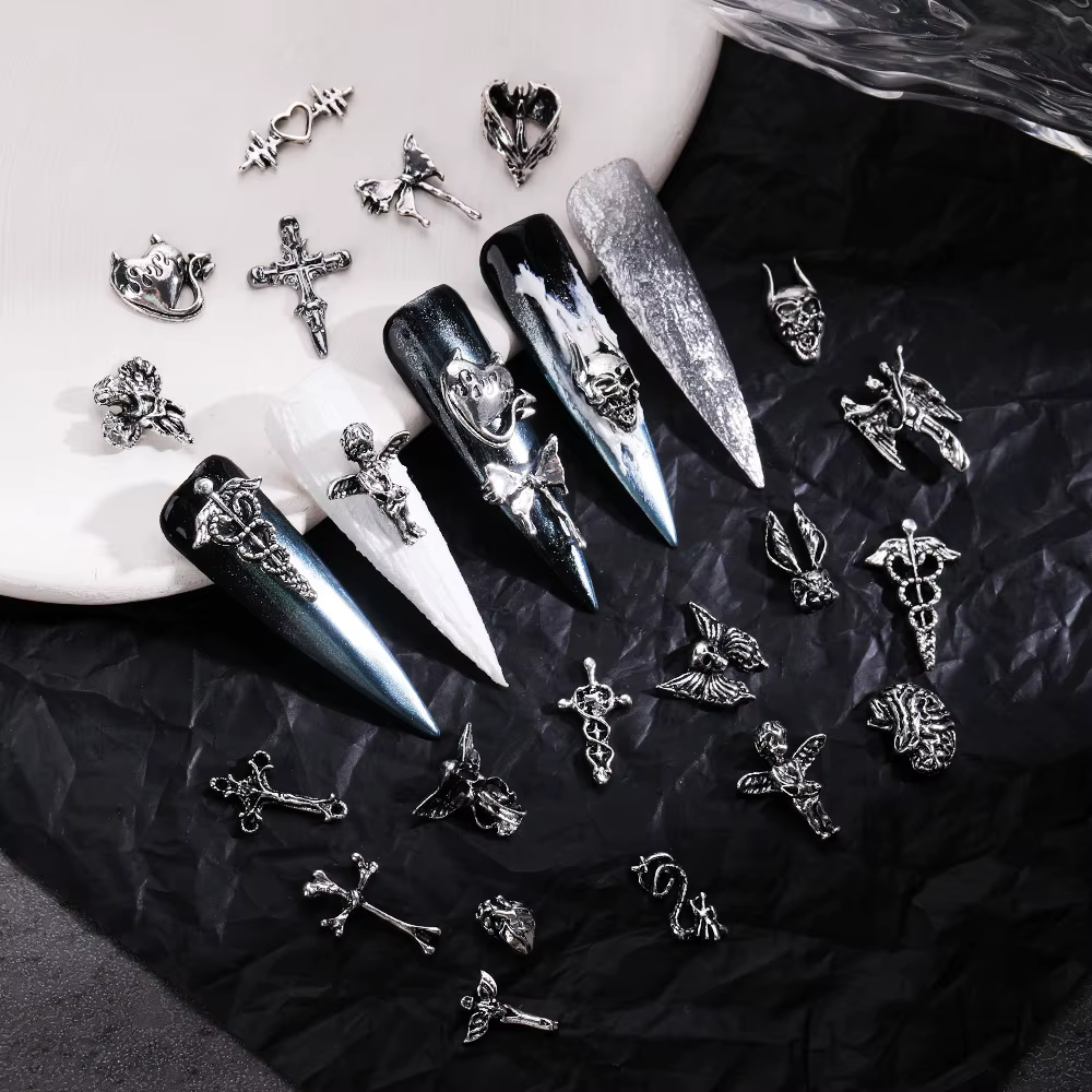 Mélange de styles pour Nail Art d'halloween, breloque croix argentée rétro 3D, décoration d'ongles p
