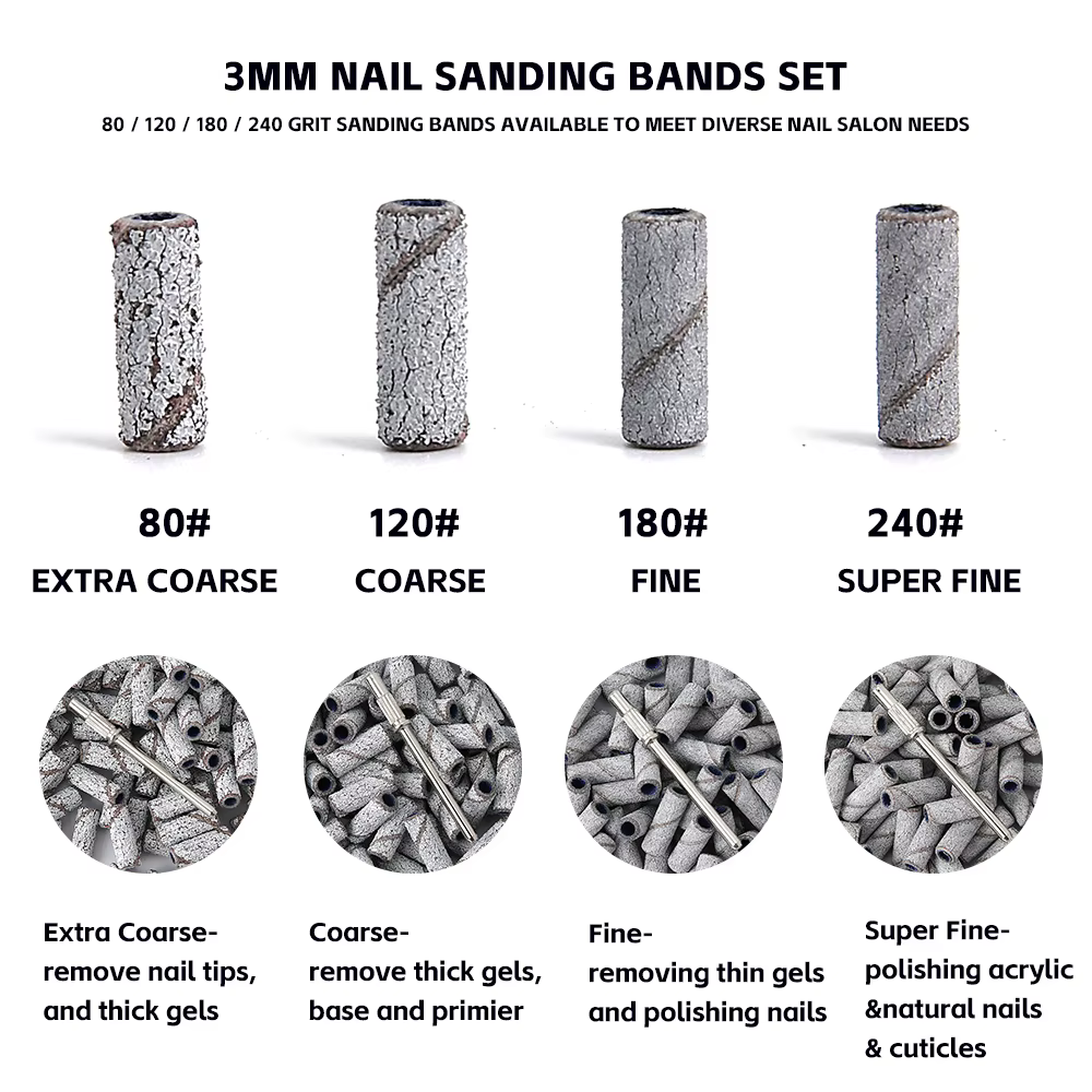 Bandes de ponçage des ongles de 3mm, grain 80/120/180/240, Mini foret à ongles électrique, accessoir