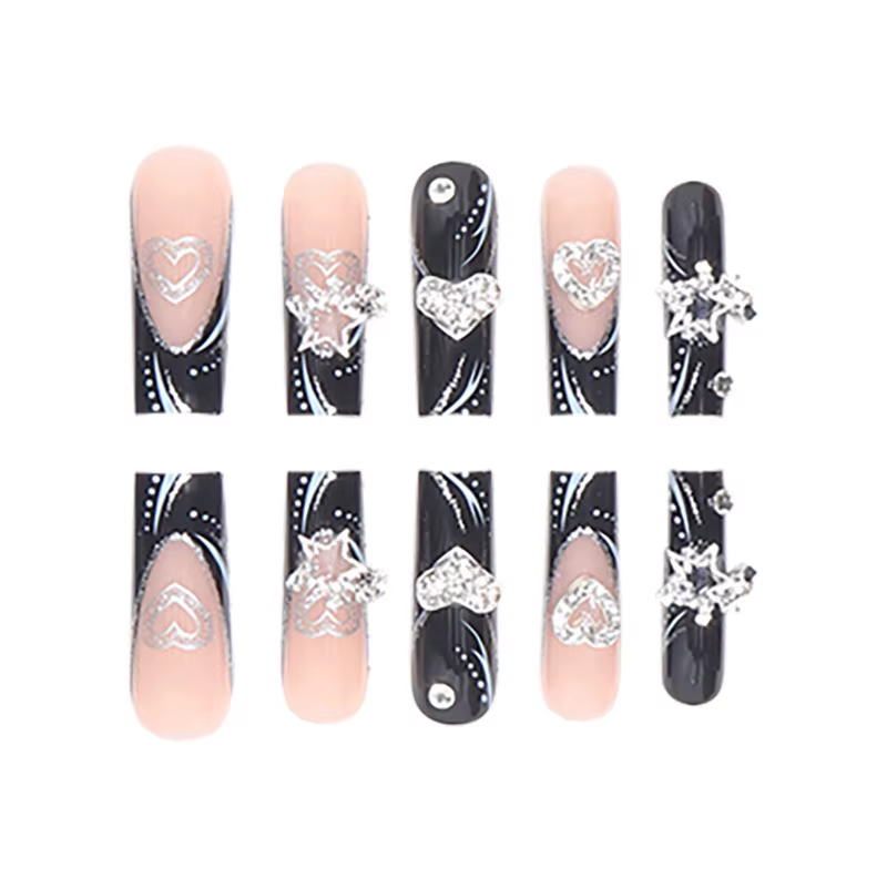 24 pièces/1 boîte noir français portant un Patch pour ongles doux et frais paillettes étoiles d'amou