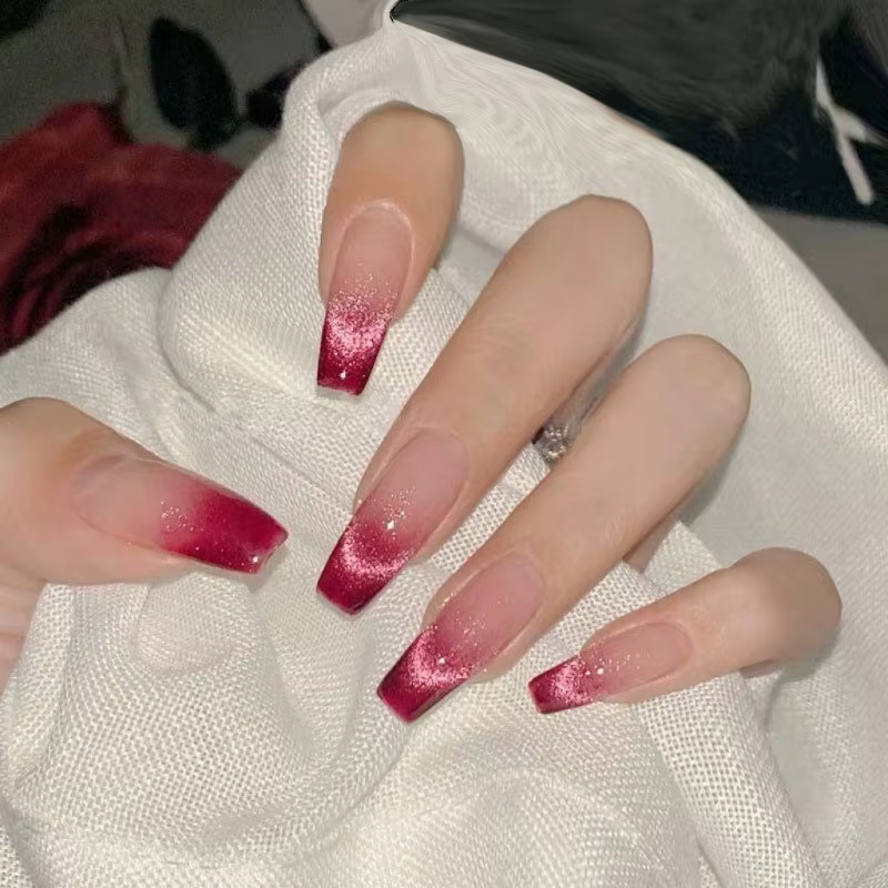 Faux ongles French Coffin N64.avec colle, N64.souhaits on with Charms, Long Rose Gradient, Cat Eye, 