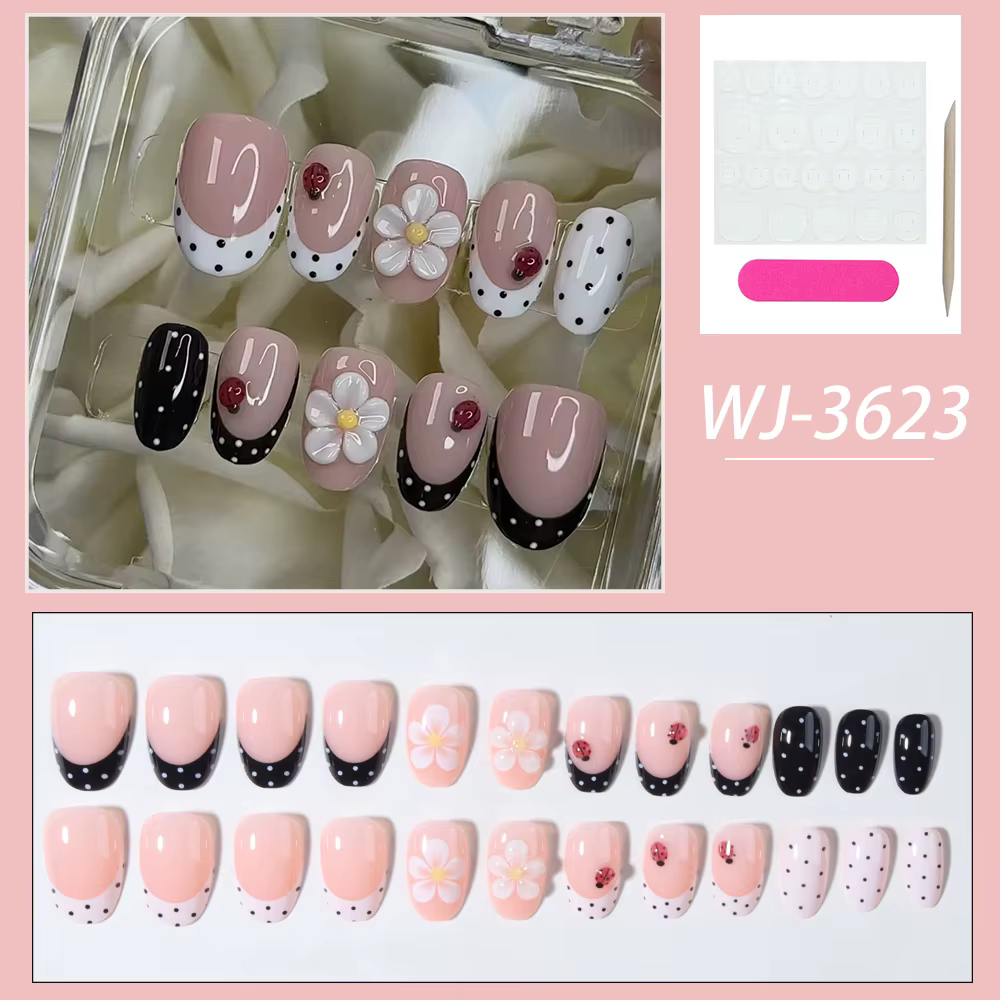 24 pièces/ensemble court ovale 3D gel fleur coccinelle conception à pois pointe française presse sur