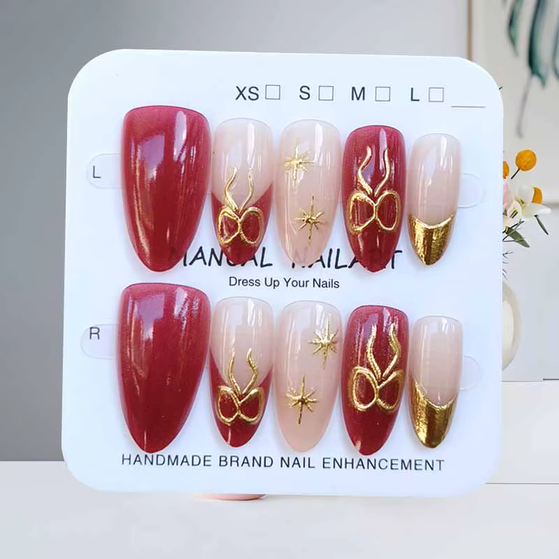 10 pièces bleu océan royaume Secret Style français amande forme doré faux ongles presse sur ongles m