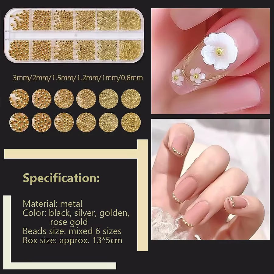 Perles de Caviar à 12 compartiments, accessoires métalliques pour Nail Art, perles en métal avec boî