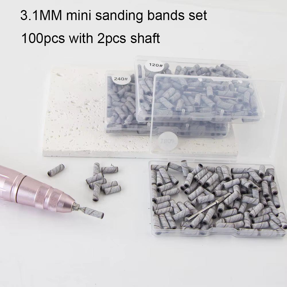 100 pièces 3.1mm Mini petites bandes de ponçage avec 2 pièces jeu d'embouts de mandrin forets à ongl