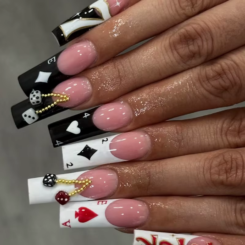 Faux ongles français en forme de cercueil, 24 pièces, éléments de Poker européens, Design imprimé, à