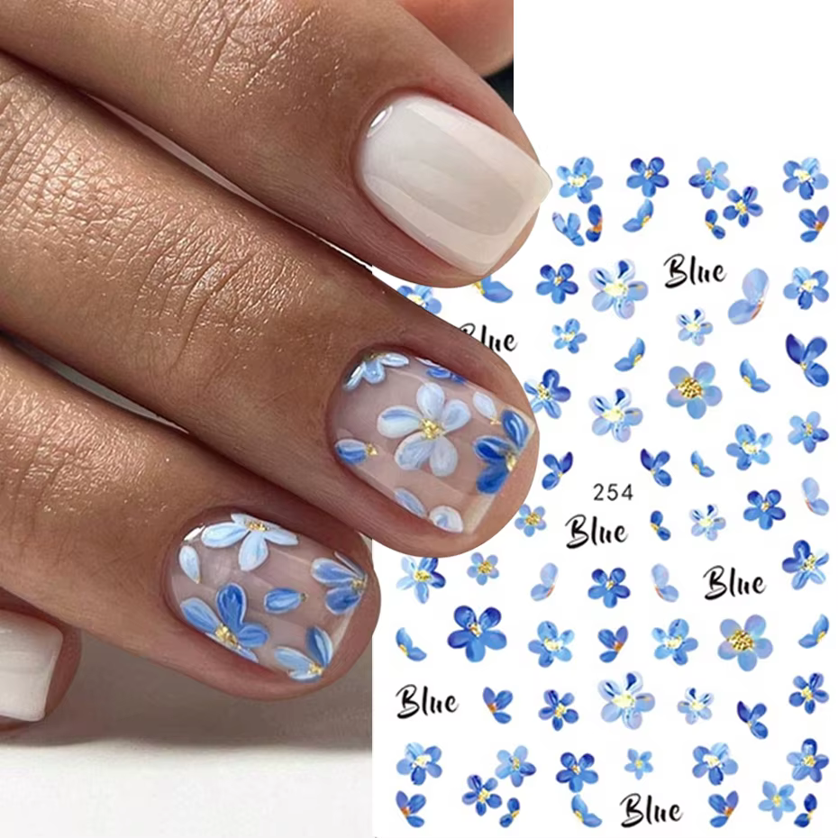 Autocollants pour ongles 3D fleurs de couleur d'eau bleue, 2 pièces, pétales adhésifs Kawaii, curseu