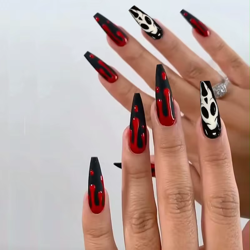 Faux-Ongles en Acrylique à Couverture Complète avec Poignées Amovibles, Cercueil, Fantôme Rouge, Nou