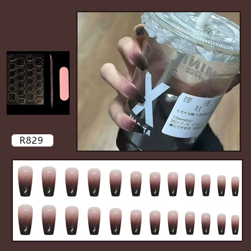 Faux ongles à presser de taille moyenne, style ballet, dégradé nude noir, finition brillante, ton pr