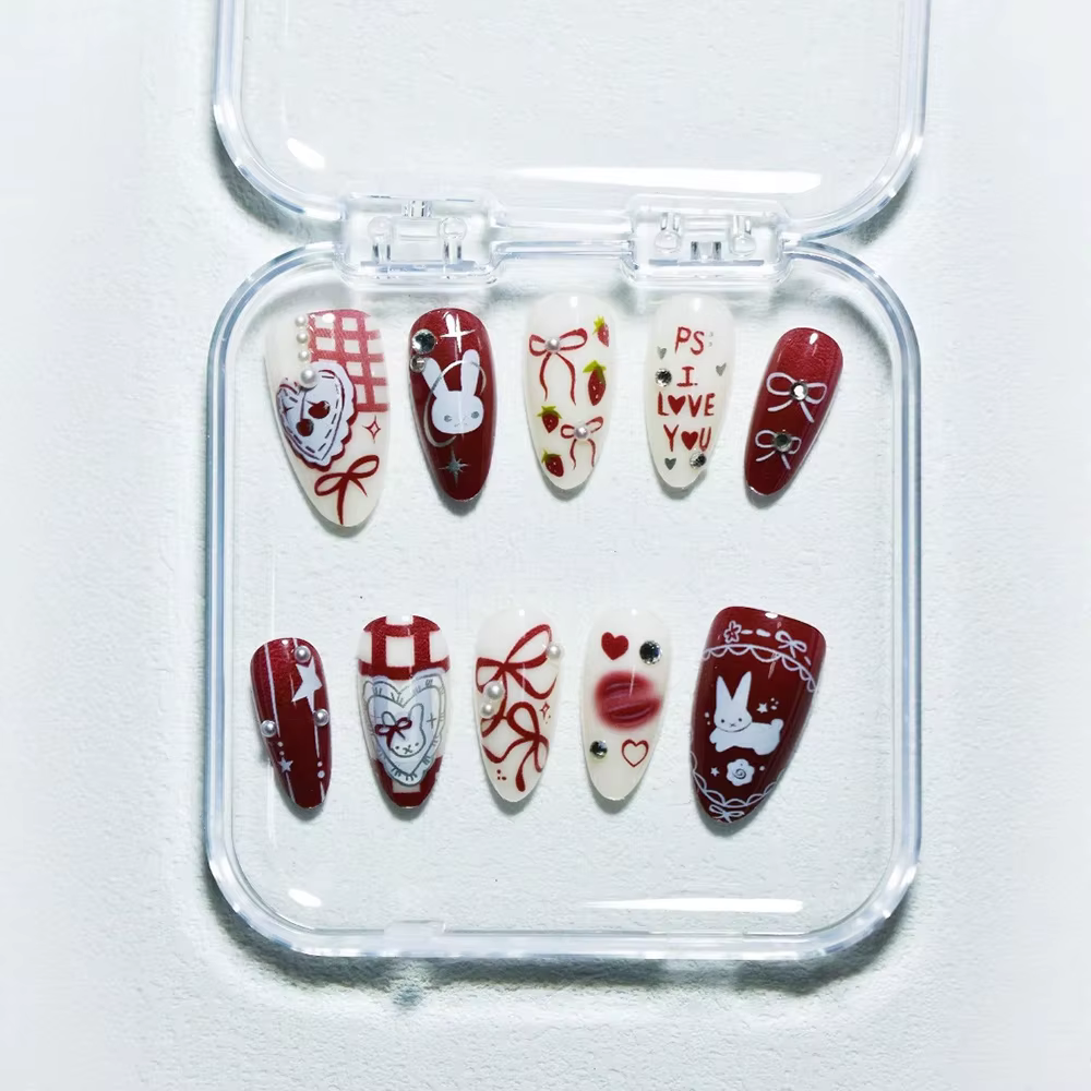 30 pièces papillon dessin animé lapin presse sur ongles moyen amande faux vin rouge amande strass pe