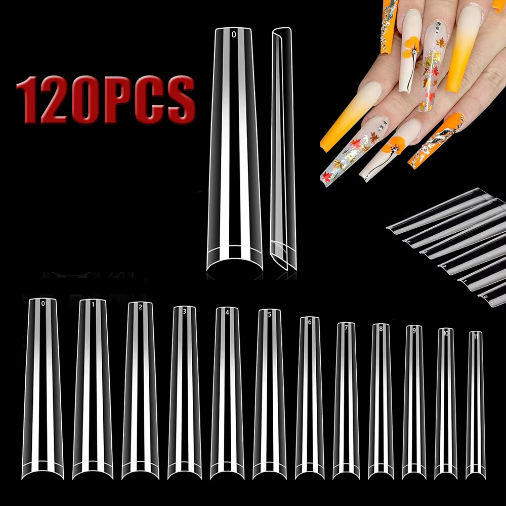 120 pièces longs clair cercueil ongles conseils courbe Extra longue demi couverture cercueil ongles 