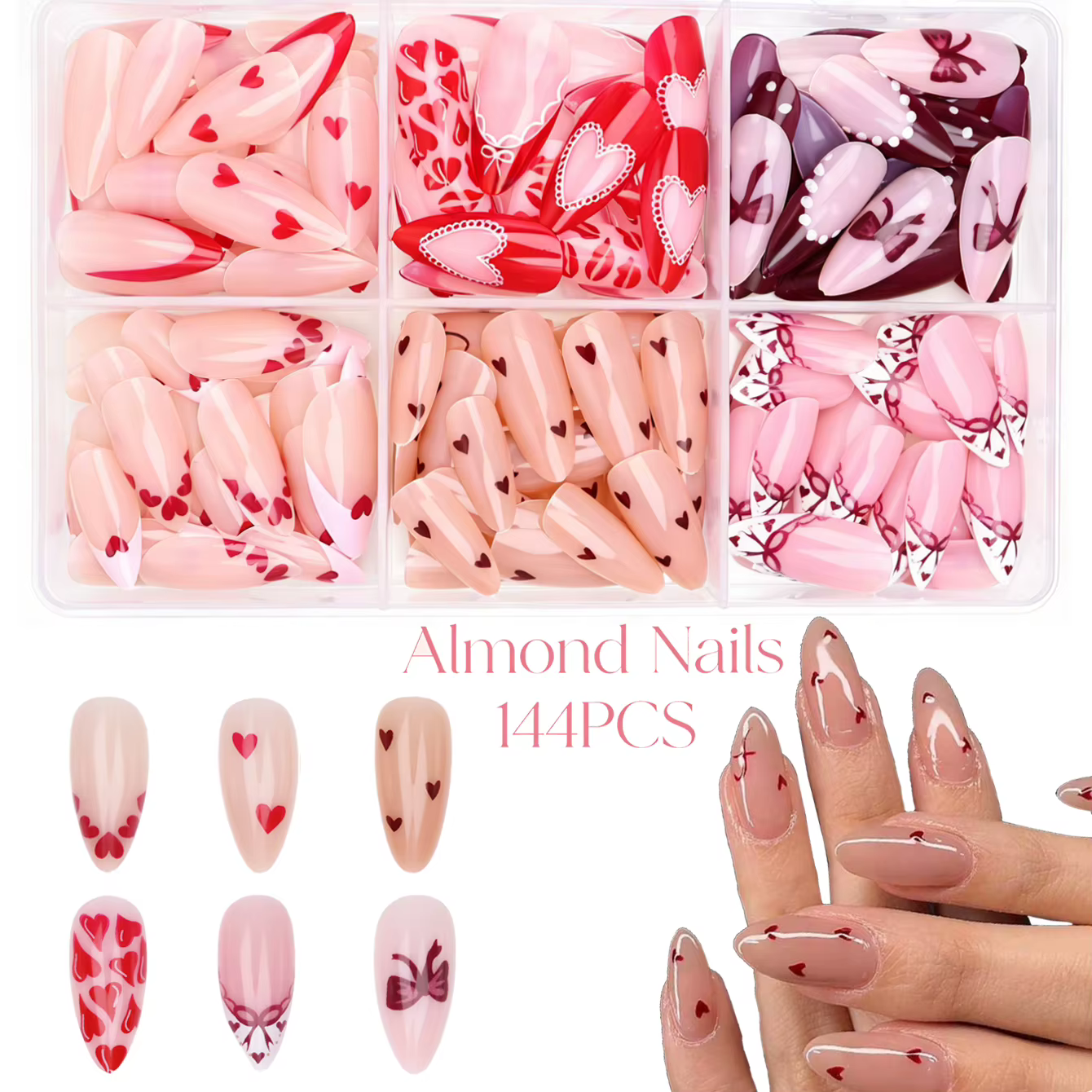 144 faux ongles carrés à presser, motif cœur rouge, faux ongles à paillettes dorées dégradées, 6 sty