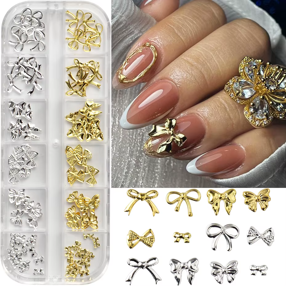 Breloques pour ongles, 12 grilles, nœud doré argenté, tailles mixtes, conception de nœud papillon, d
