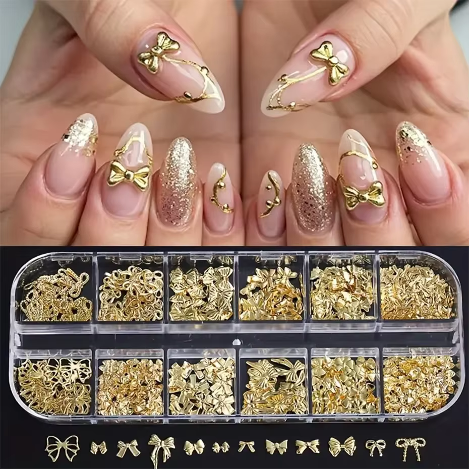 12 grilles en métal arc Nail Art charme or 3D nœud papillon ruban ongles décoration pièces bricolage
