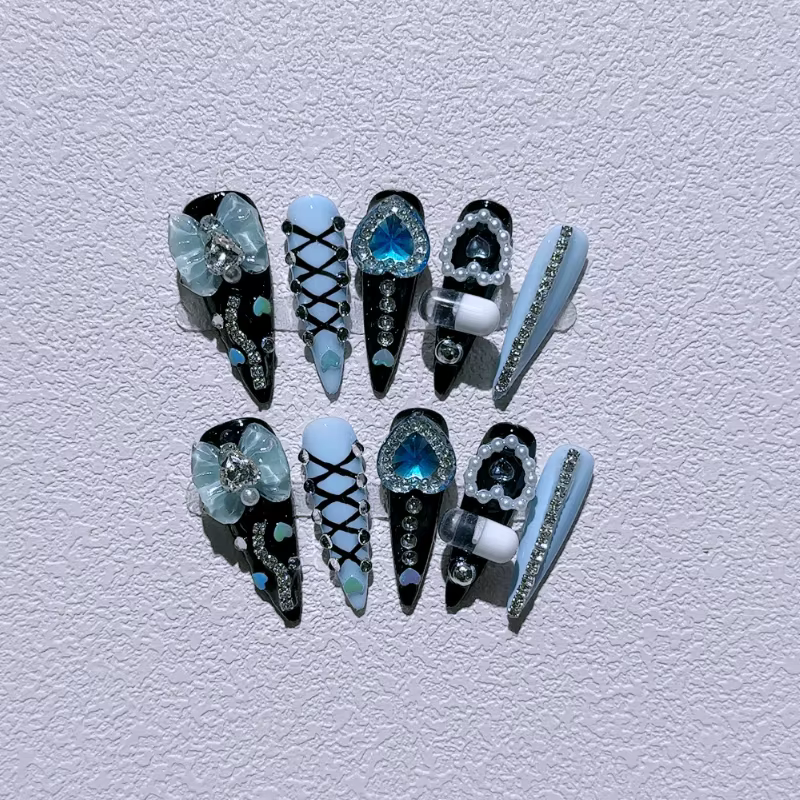 Long Stiletto souhaits on Fake N64.Blue Coussins Diamond Bow Decoration, False Nail, Y2K Fashion, Ar