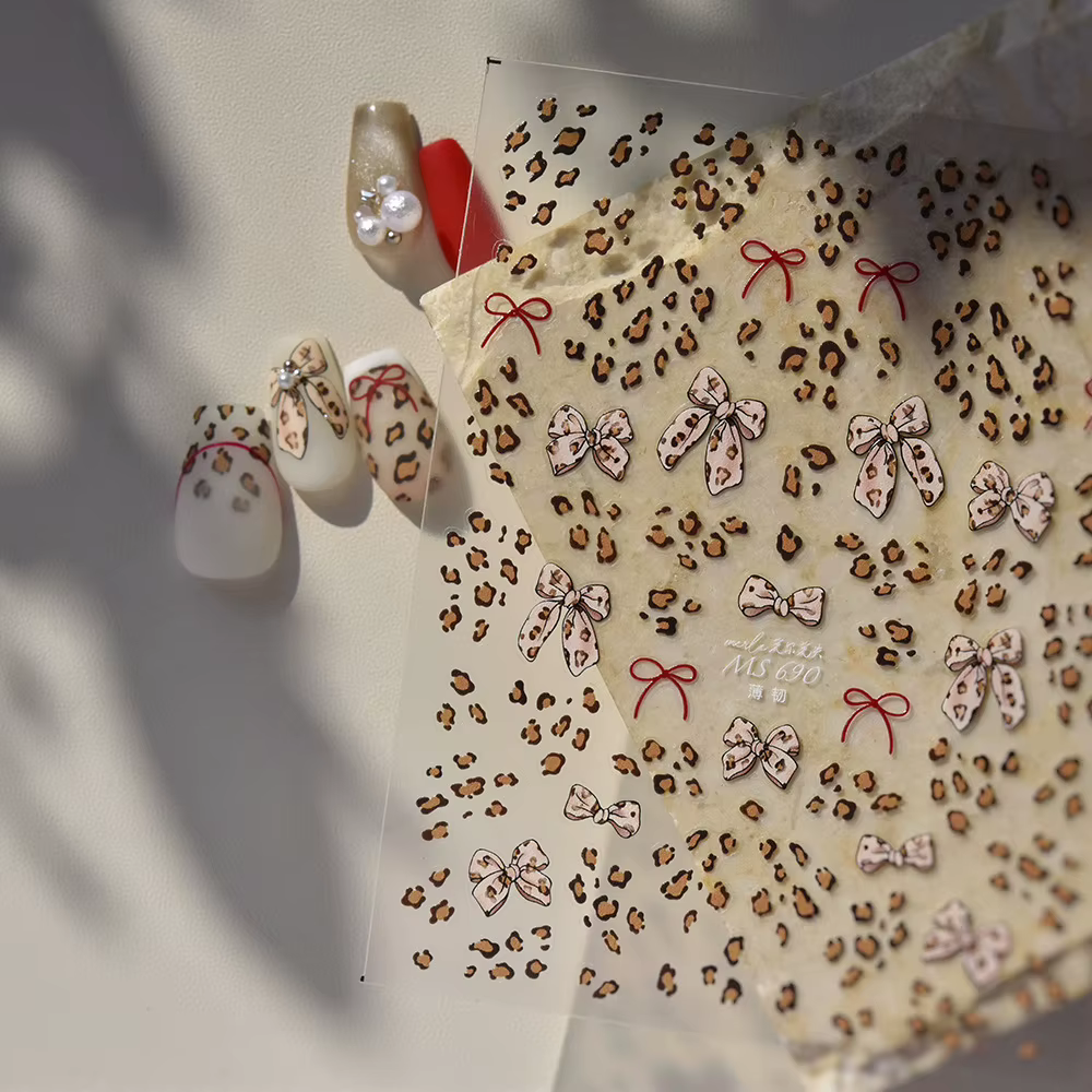 Autocollants 3D pour ongles, avec nœud imprimé léopard, fin et résistant, mignon, décorations d'ongl