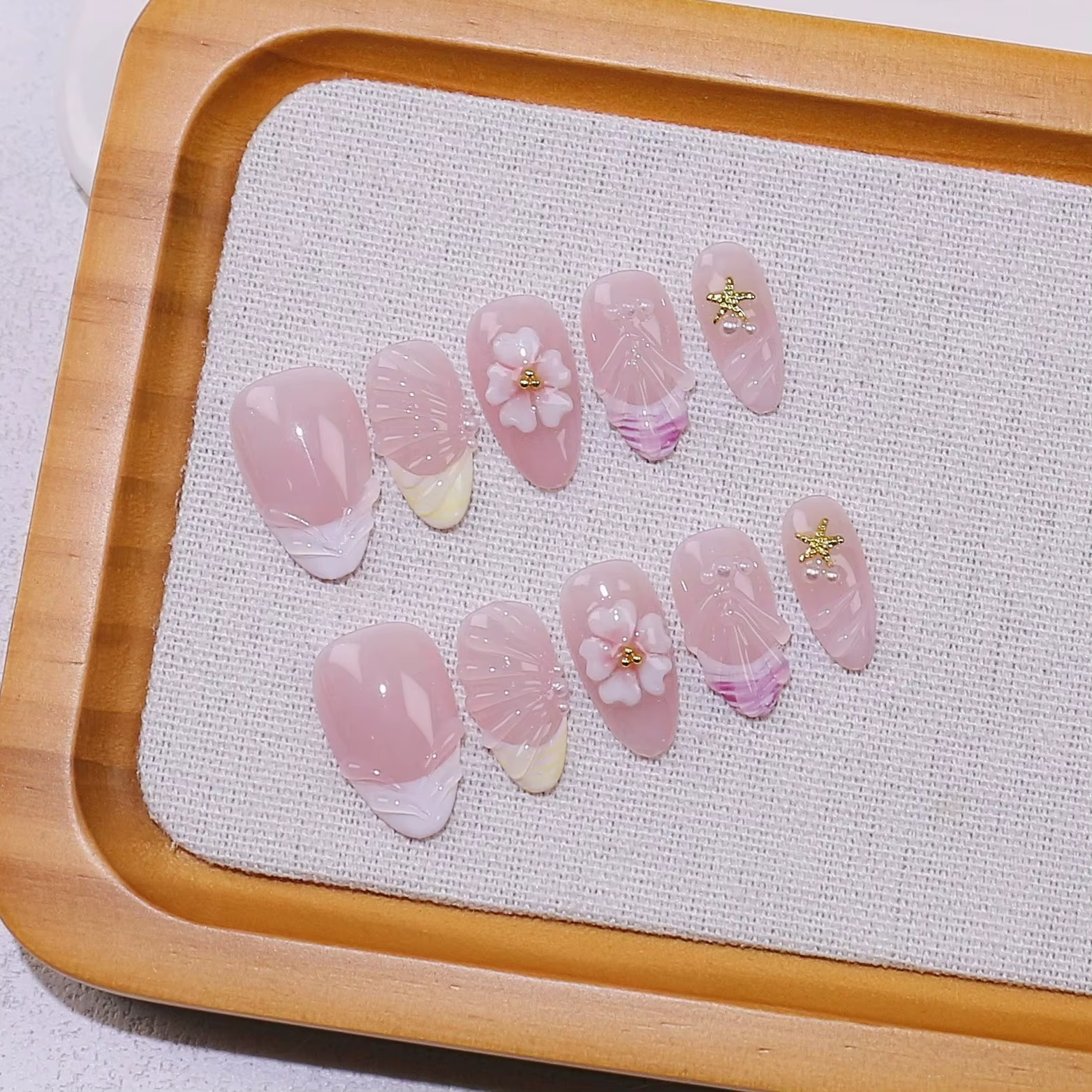 10 pièces français amande presse sur ongles fleur faux ongles portable Stick-on ongles faux ongles U
