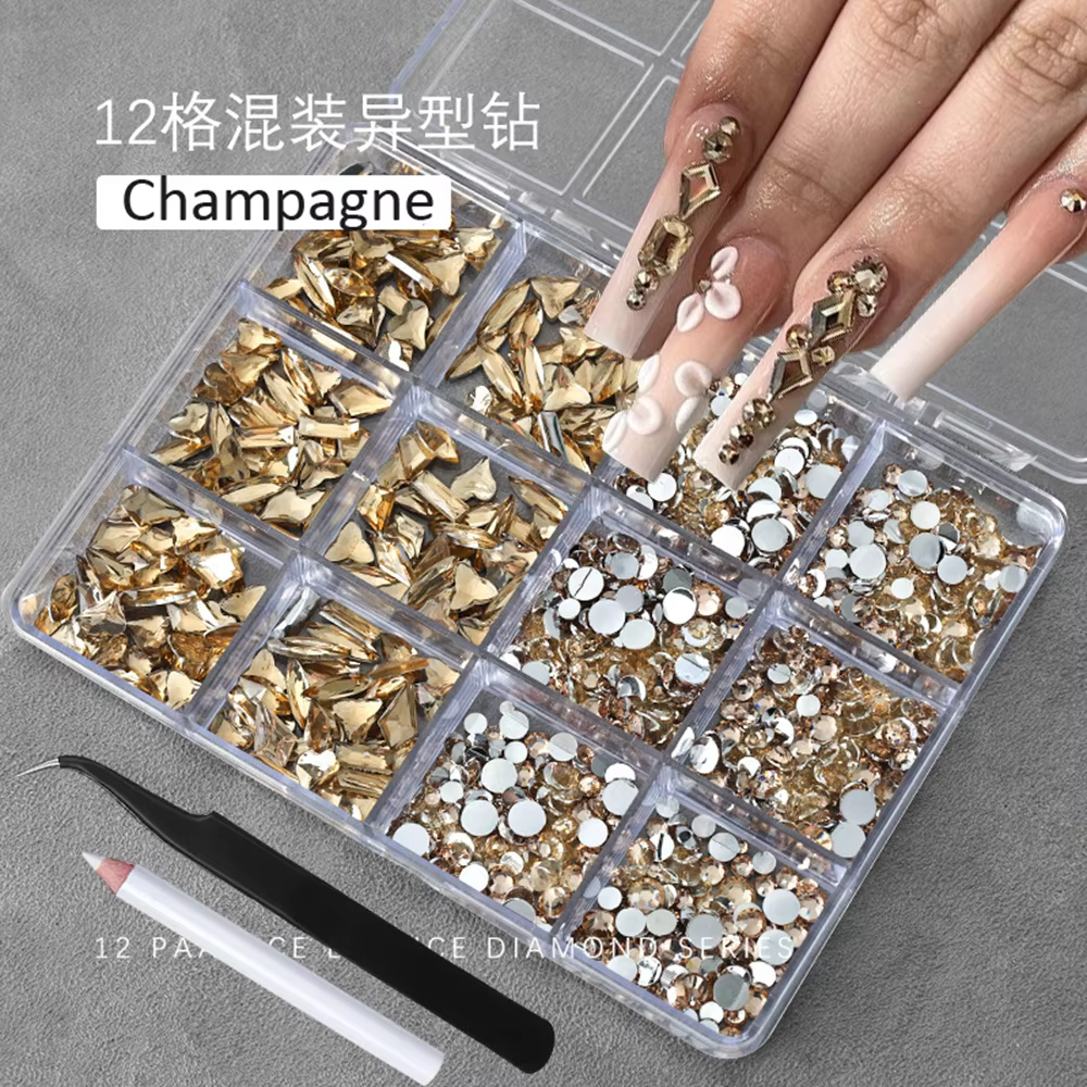 12 grilles 3D bébé bleu multi-formes Nail Art strass dos plat résine diamant luxe ongles breloques p