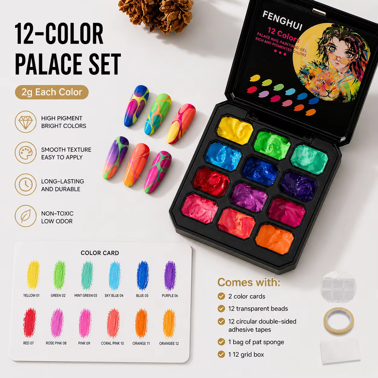 Palette de 12 couleurs de gel de peinture pour ongles, gel UV solide fluorescent néon, gel perlé, pa