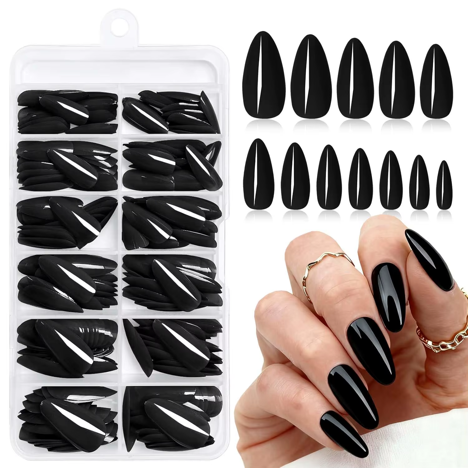 120 pièces/boîte Faux ongles en amande, couleur unie noire, brillants, adaptés au quotidien des femm