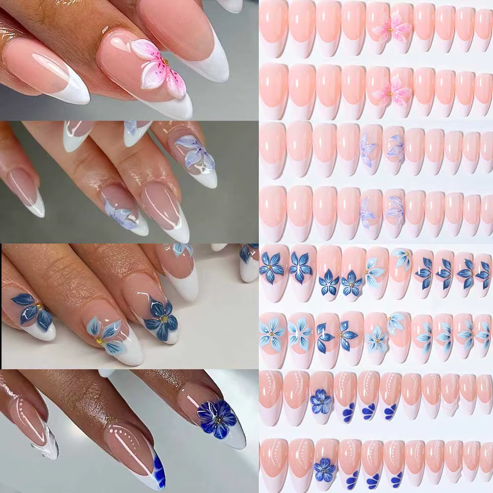 96 pièces par ensemble. Faux ongles blancs en gel 3D en forme d'amande, style French. Idéal pour les