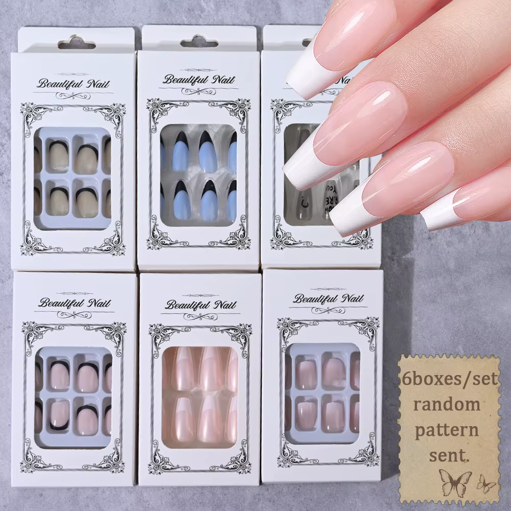 6 boîtes/144 pièces mélange aléatoire Style court rond presse sur ongles doux couverture complète dé