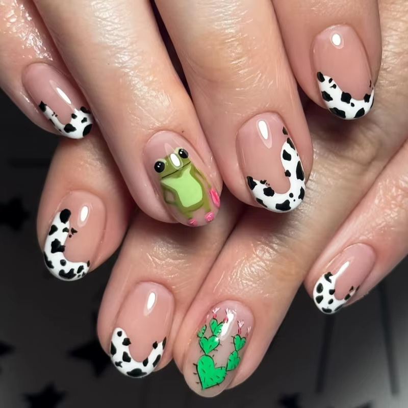 Faux ongles ovales à tête ronde courte, 24 pièces, avec motif de poisson coloré, à pression, finitio