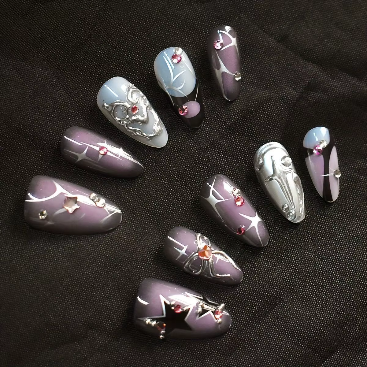 Faux ongles violet foncé, Design diamant 3d, à pression faite à la main, couverture complète, portab