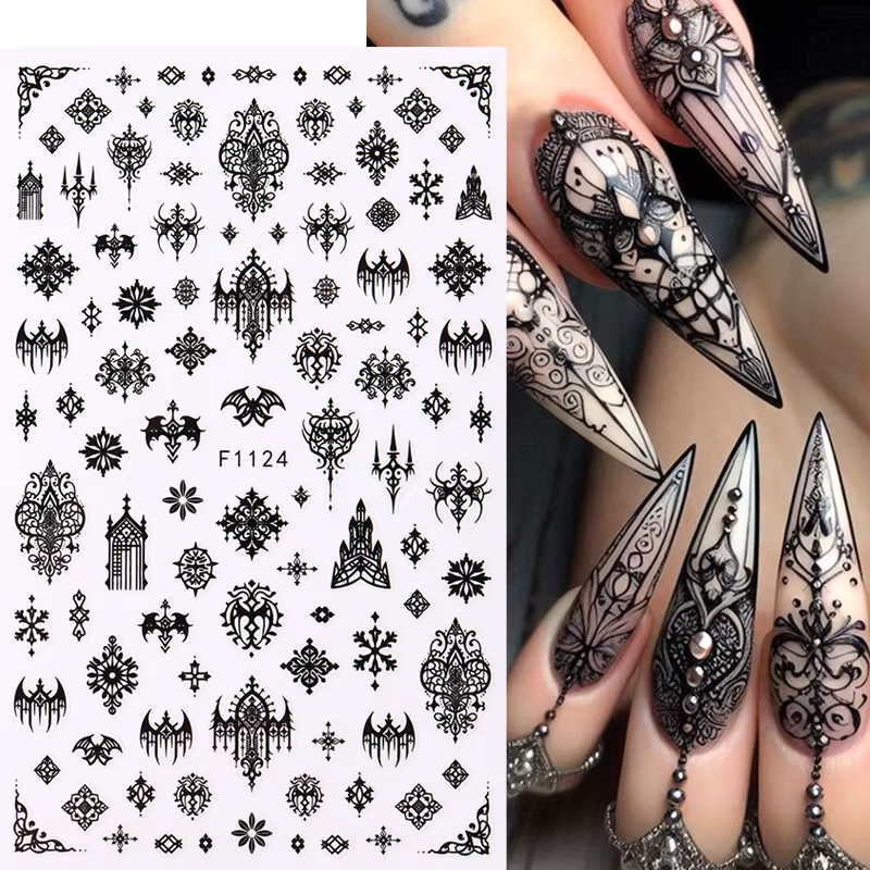Autocollant gothique noir pour ongles, modèles élégants de mariage, feuilles adhésives effrayantes p