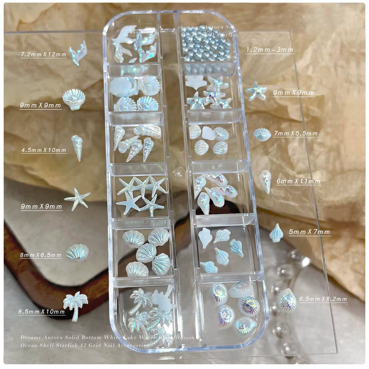 12 grilles de breloques 3D pour ongles, style océan mélangé, en résine bleue (coquillages, étoiles d