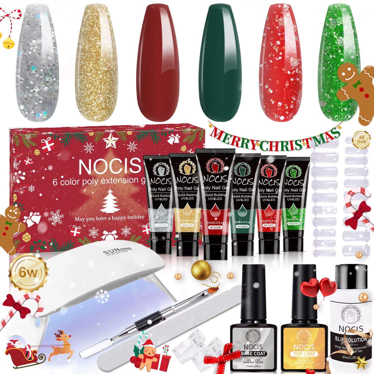 Kit de Gel Poly pour Ongles Tout-en-un 6 Couleurs 15g, Gel d'Extension, Lampe UV LED, Base Coat, Top