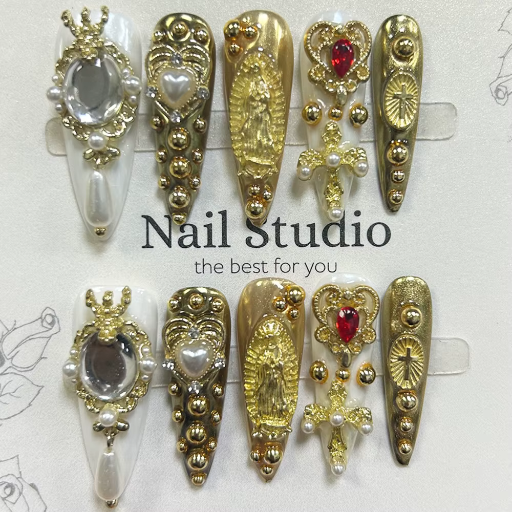 Faux ongles de luxe rétro style cour, faits à la main, à presser, magnifiques, avec couronne, diaman