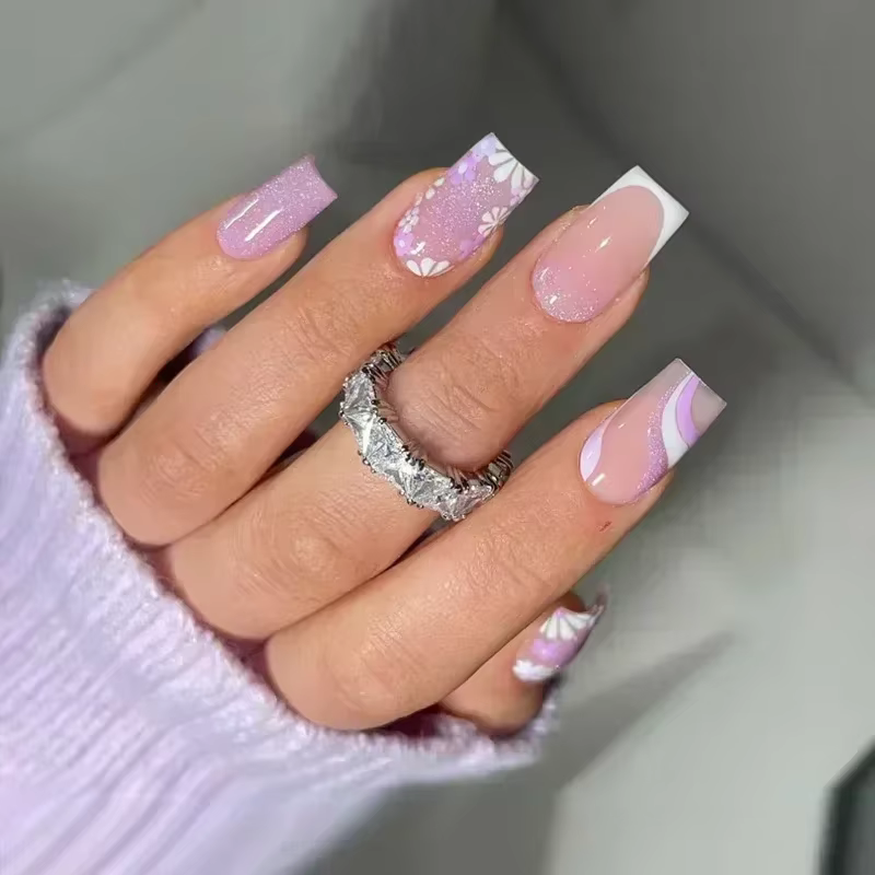 Faux ongles carrés courts en forme de cercueil, 24 pièces, avec colle, paillettes françaises, ensemb
