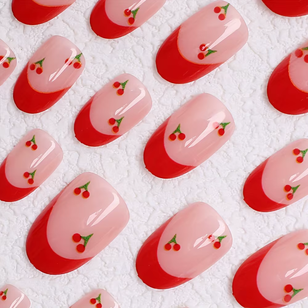 24 pièces mis à niveau votre look avec un ensemble de faux ongles cerise amande à bords rouges 1 lim