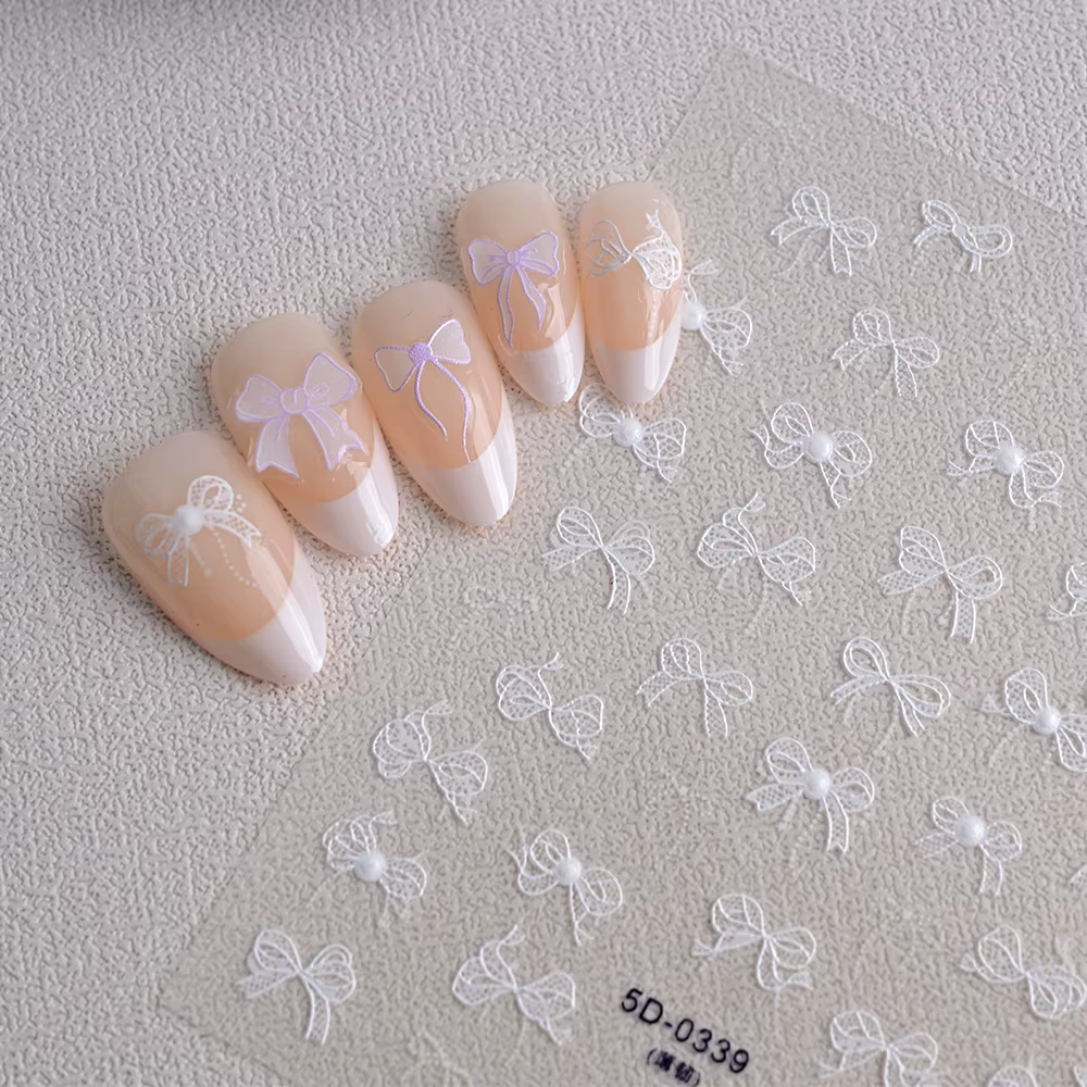 1 pièces 5D blanc dentelle nœud papillon Nail Art autocollant doux perle arc ruban auto-adhésif ongl