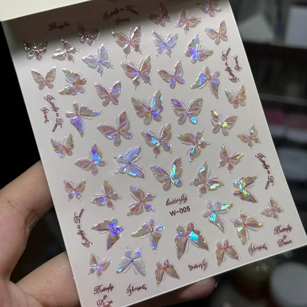 Autocollants pour ongles papillon, coquille d'aurore rose violet, Laser brillant 3D, décalcomanies p