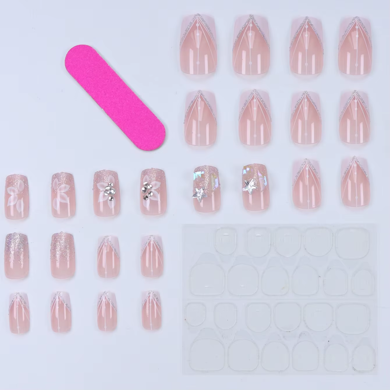 24 pièces français flash bordure blanche fleur de cerisier strass faux ongles ensemble d'ongles blan