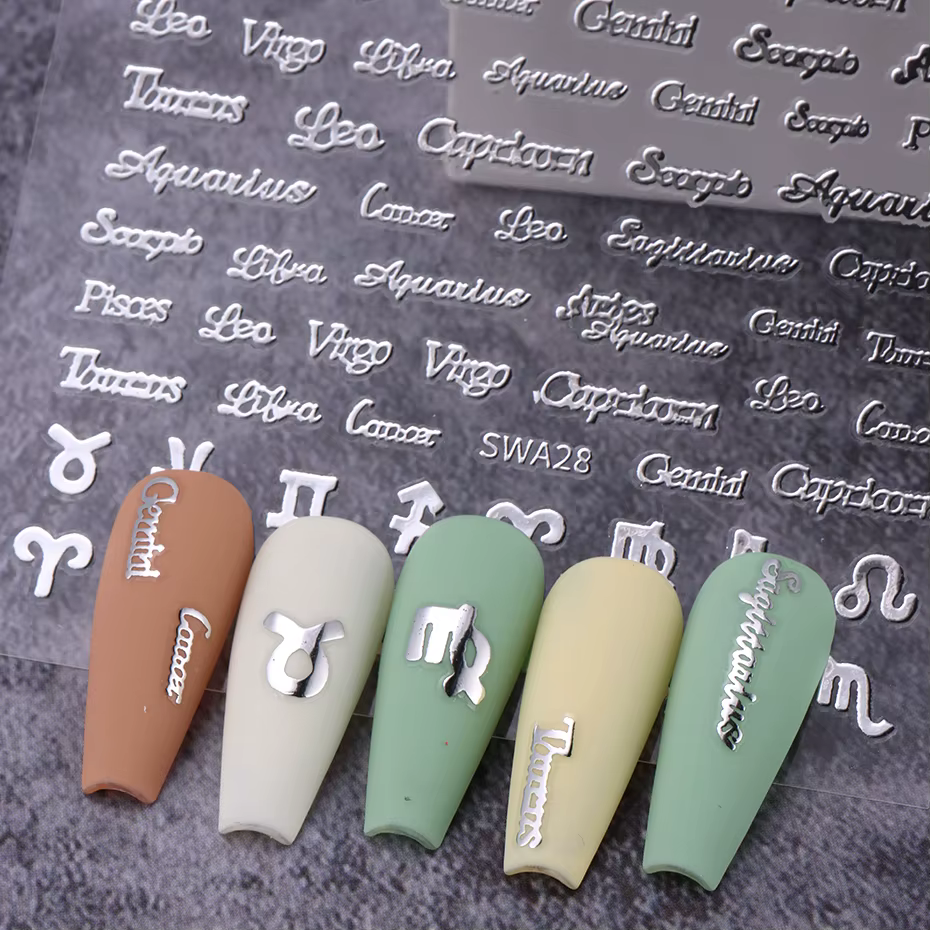Autocollants de manucure pour ongles, douze Constellations, Alphabet anglais, mots adhésifs, or, arg