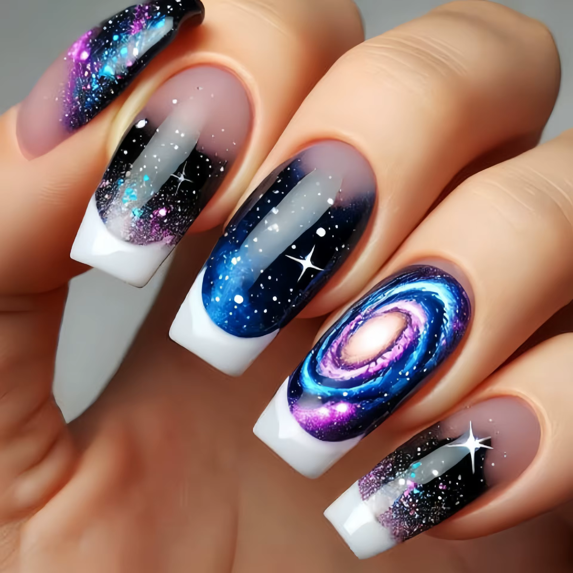 Faux ongles carrés longs moyens pour femmes, 24 pièces/ensemble, nickel é ciel étoilé, noir, bleu, v