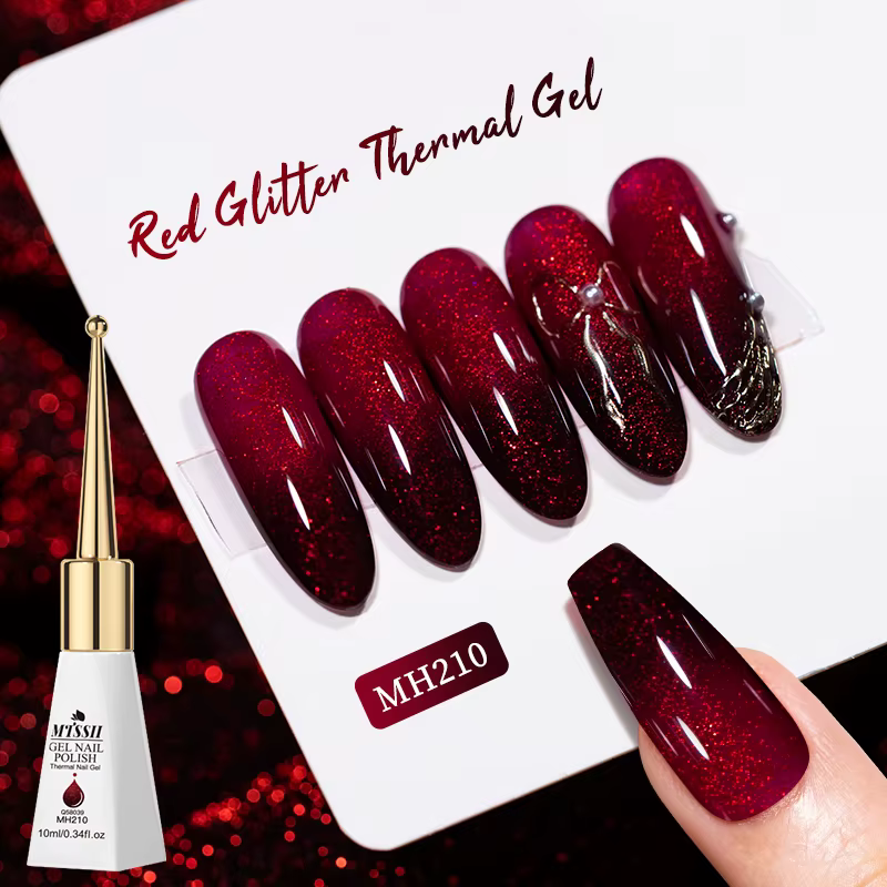 Vernis à ongles thermique à paillettes rouges 10 ml, 2 couches, changeant de couleur selon la tempér