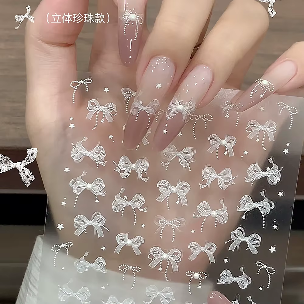 1 pièces 5D blanc dentelle nœud papillon Nail Art autocollant doux perle arc ruban auto-adhésif ongl