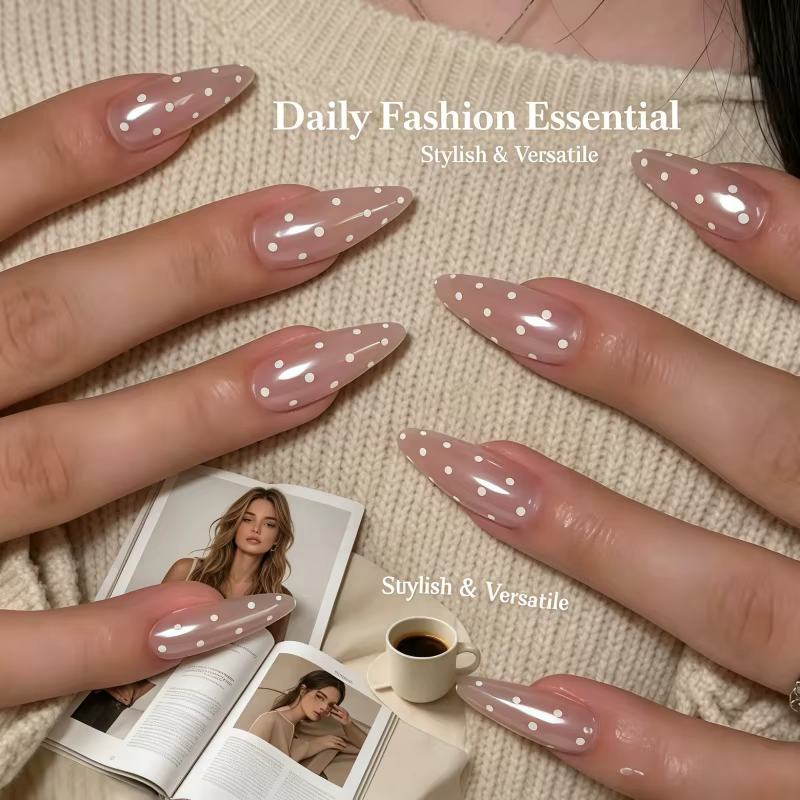 24 faux ongles brillants blancs à pois, base transparente en gel, minimalistes, à presser, faits à l