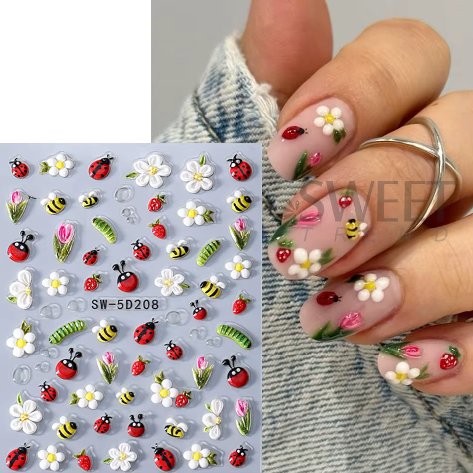Autocollants pour ongles en relief, 1/2 pièces, motifs floraux printemps-été, abeille, coccinelle, i